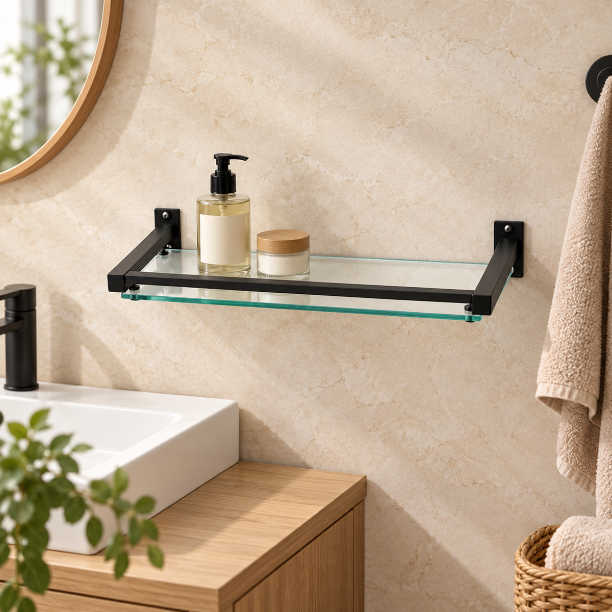 Repisa negra de baño de 40 cm instalada en pared junto al lavamanos; accesorios decorativos no incluidos