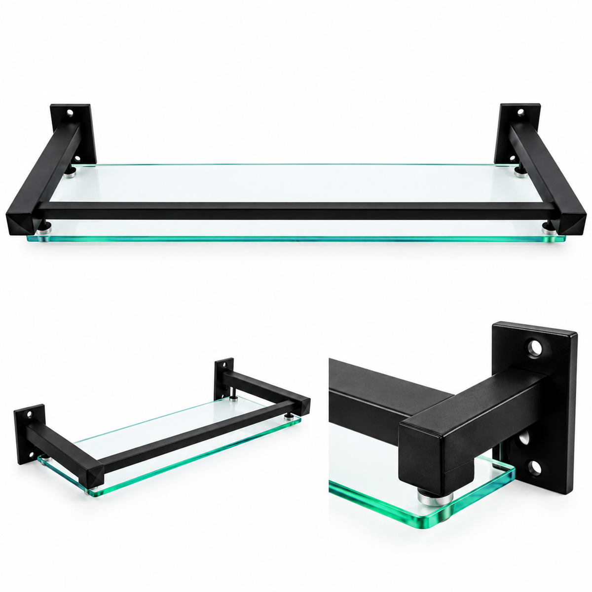 Repisa de baño negra: vista frontal, perspectiva lateral y detalle del soporte con superficie transparente
