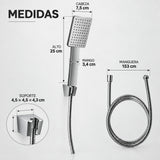 Medidas de teleducha cuadrada: 25 cm de alto, cabeza de 7,5 cm, mango de 3,4 cm y manguera de 153 cm