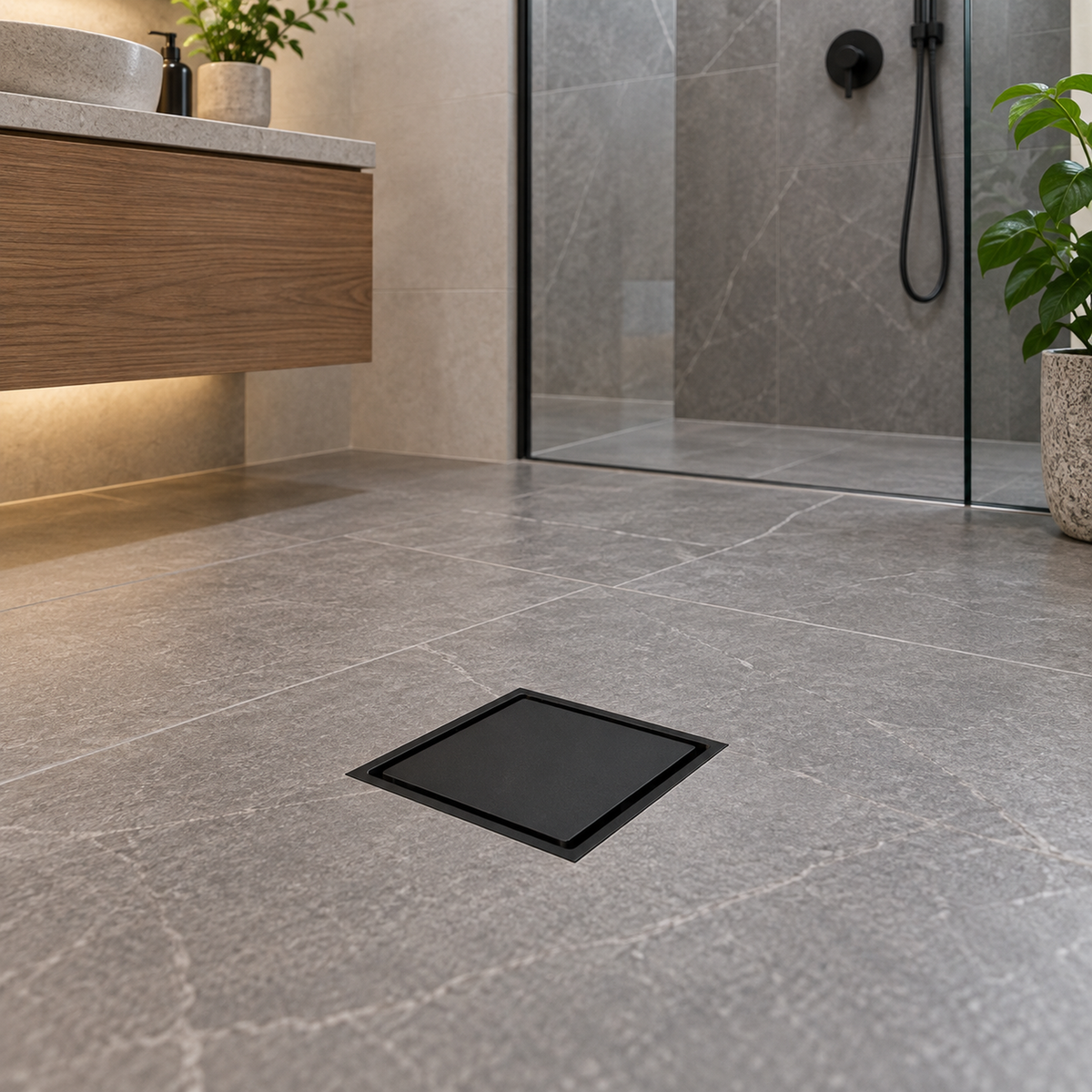 Rejilla Invisible Negra Para Piso 10 X 10 Cm en ambiente de baño