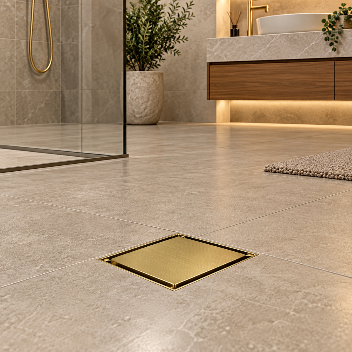 Rejilla Invisible Oro Cepillado Para Piso 10 X 10 Cm en ambiente de baño