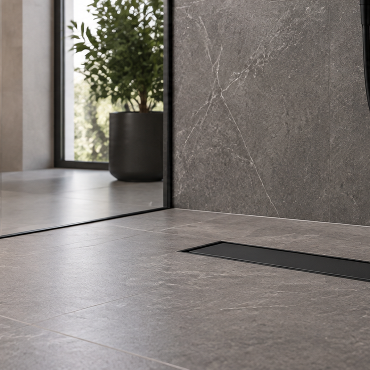 Rejilla Lineal Invisible Negra Para Piso 30 X 10 Cm en ambiente de baño