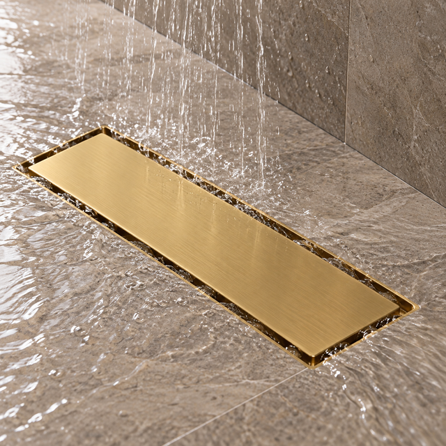 Rejilla Lineal Invisible Oro Cepillado Para Piso 30 X 10 Cm instalada y funcionando