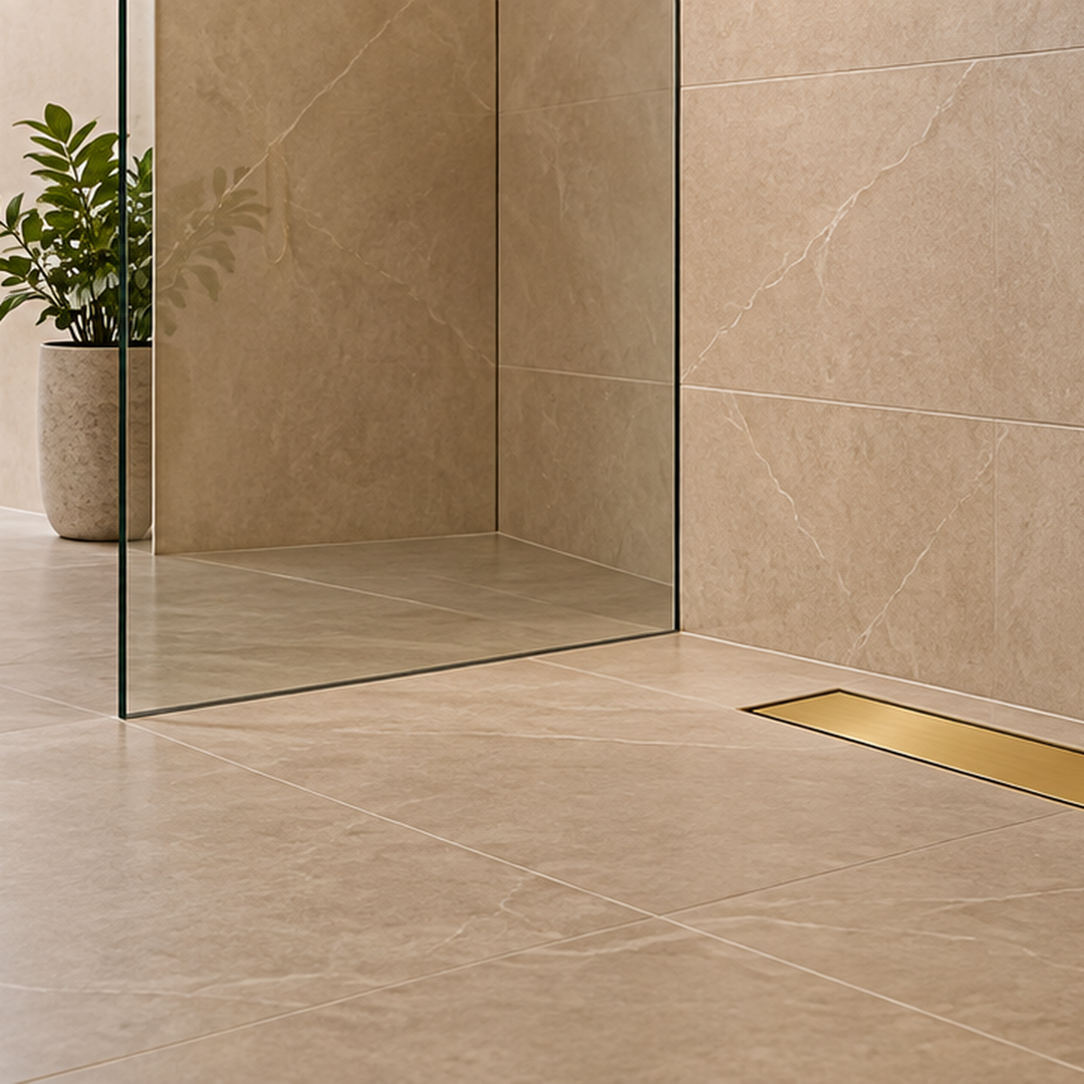 Rejilla Lineal Invisible Oro Cepillado Para Piso 30 X 10 Cm en ambiente de baño