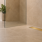 Rejilla Lineal Invisible Oro Cepillado Para Piso 30 X 10 Cm en ambiente de baño