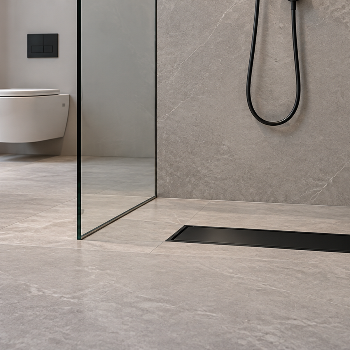 Rejilla Lineal Invisible Negra Para Piso 40 X 10 Cm en ambiente de baño