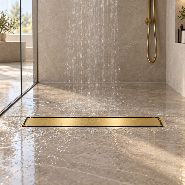 Rejilla invisible Oro cepillado instalada en ducha