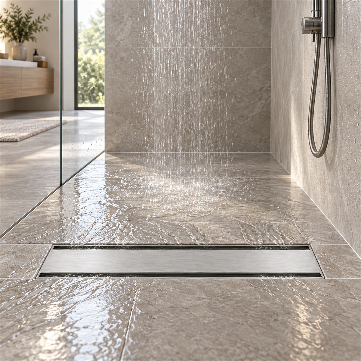 Rejilla invisible Acero inoxidable satinado instalada en ducha