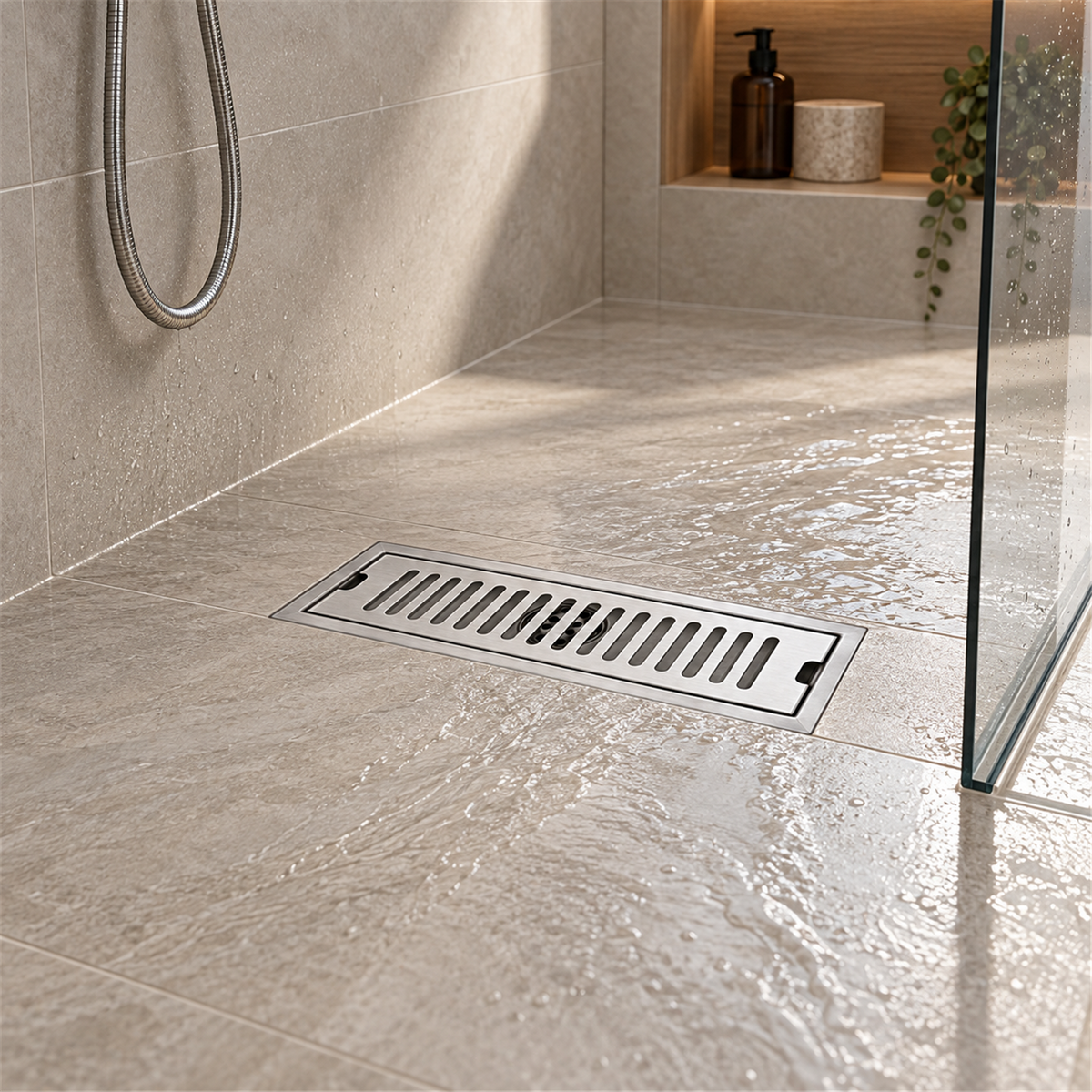Rejilla ranurada Acero inoxidable satinado ambientada en baño