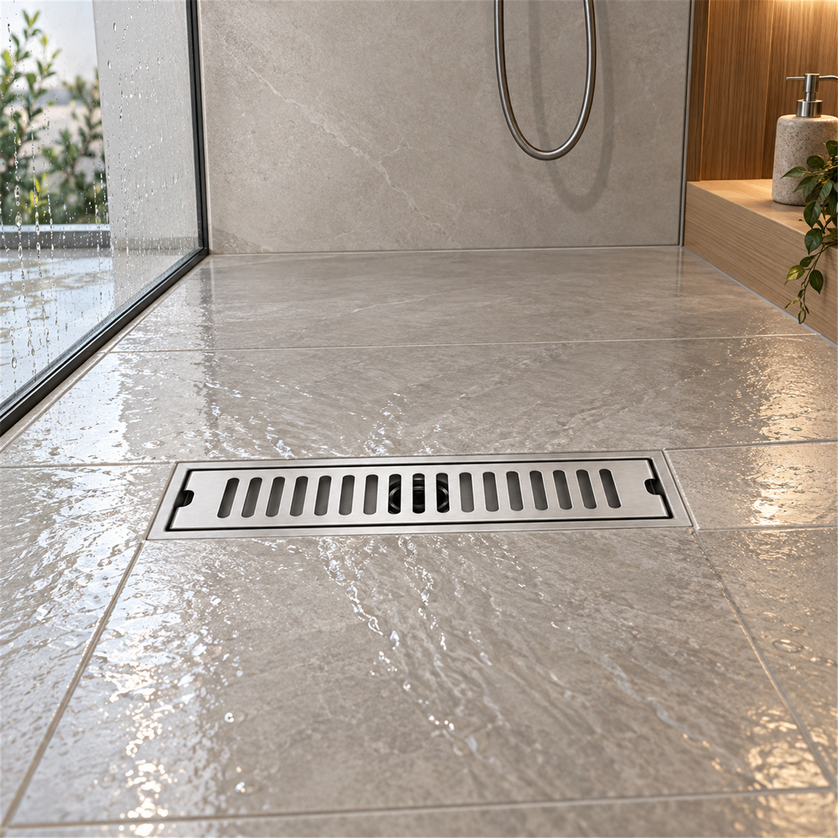 Rejilla ranurada Acero inoxidable satinado ambientada en baño