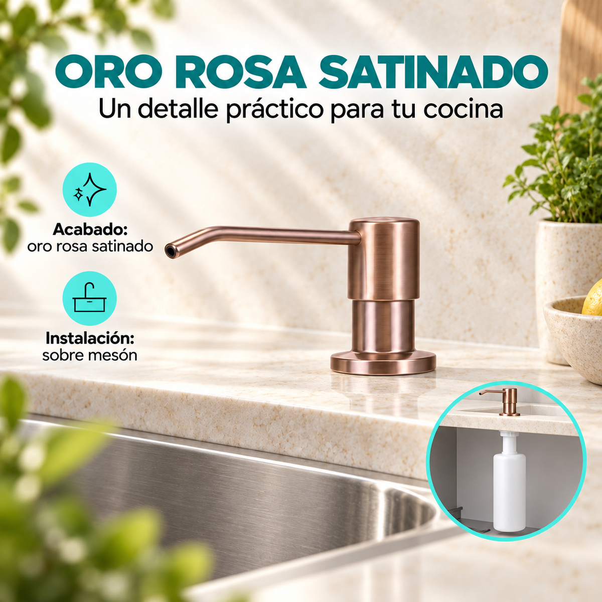 Detalle del dispensador oro rosa satinado y su instalación sobre mesón