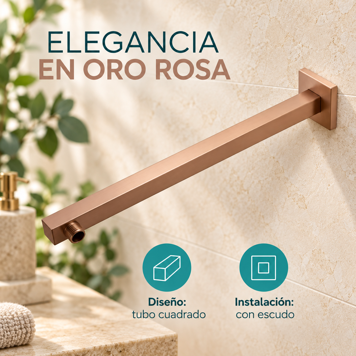 Detalle de brazo de ducha cuadrado oro rosa