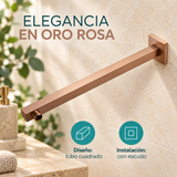 Detalle de brazo de ducha cuadrado oro rosa
