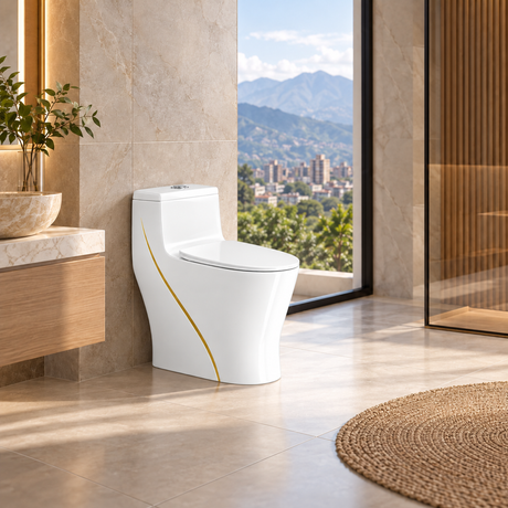 Sanitario One Piece S-Trap 300 mm con Líneas Doradas 68 x 37,5 x 63 cm