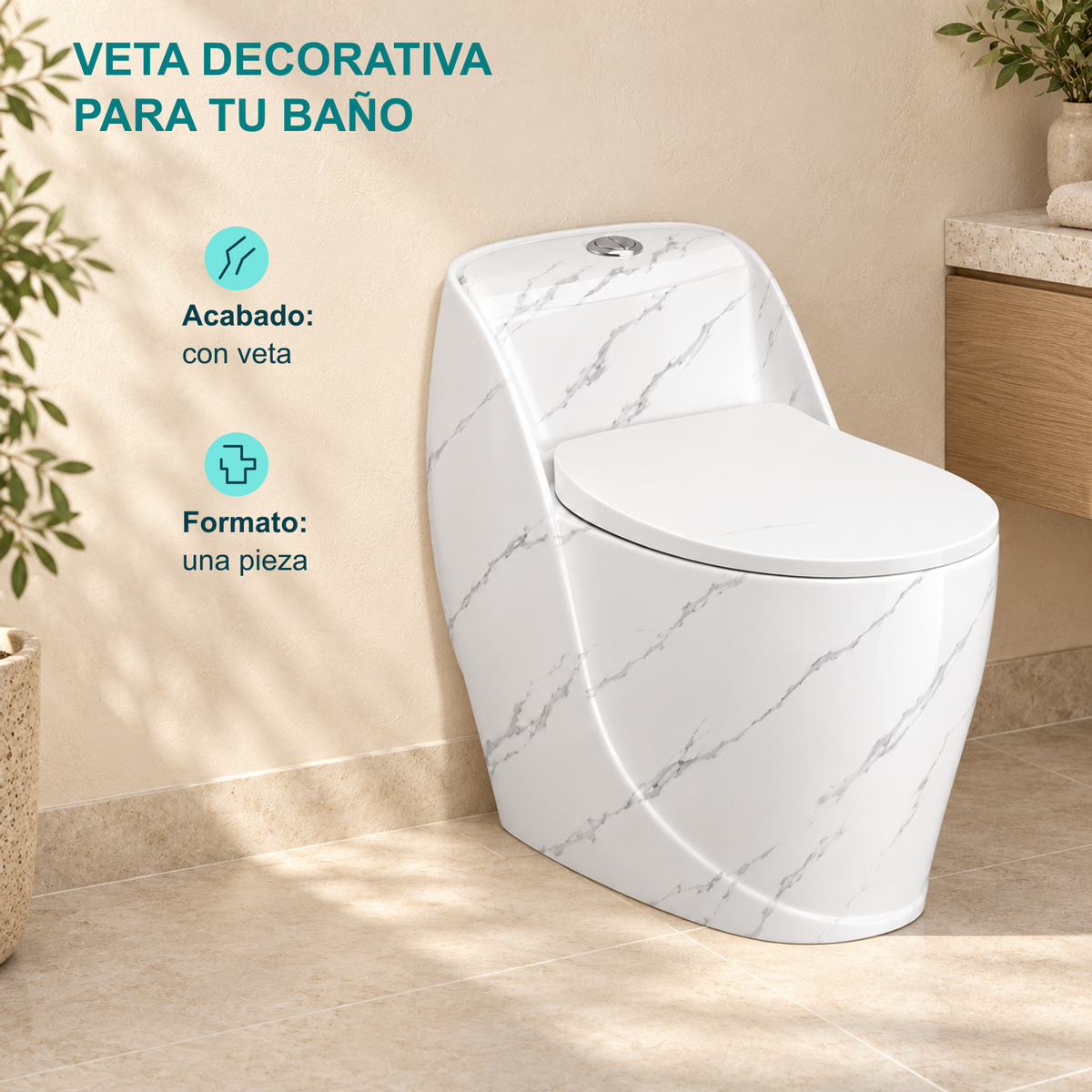 Sanitario blanco con veta en un baño cálido: acabado con veta y formato de una pieza.