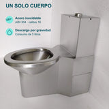 Sanitario de un solo cuerpo: acero inoxidable AISI 304 calibre 16 y descarga por gravedad con consumo de 5 litros.