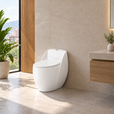 Sanitario blanco de carcasa redondeada y envolvente instalado en baño luminoso, vista amplia.