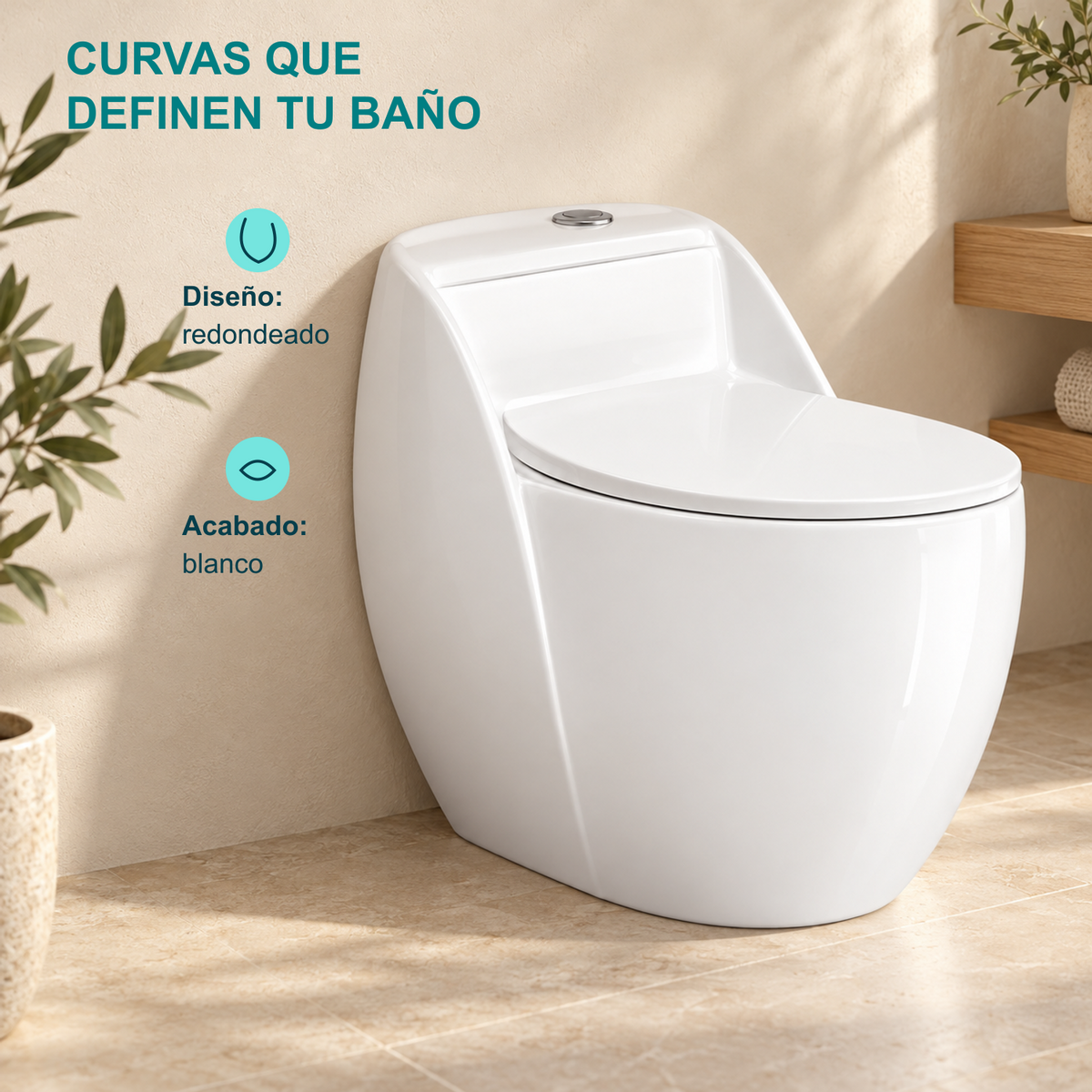 Sanitario ambientado de diseño redondeado y acabado blanco.