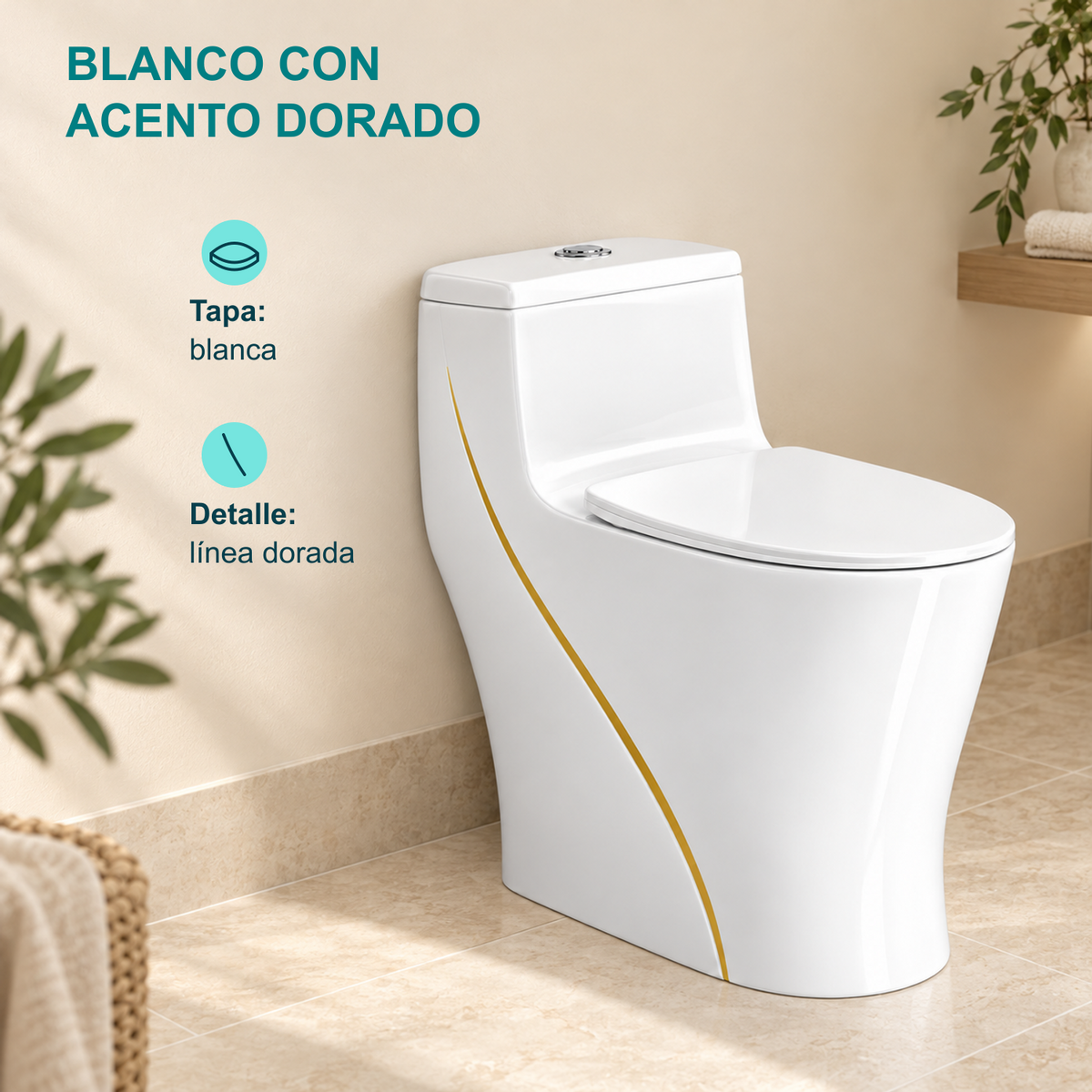 Sanitario ambientado: tapa blanca y detalle de línea dorada lateral.