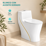 Sanitario ambientado: tapa blanca y detalle de línea dorada lateral.