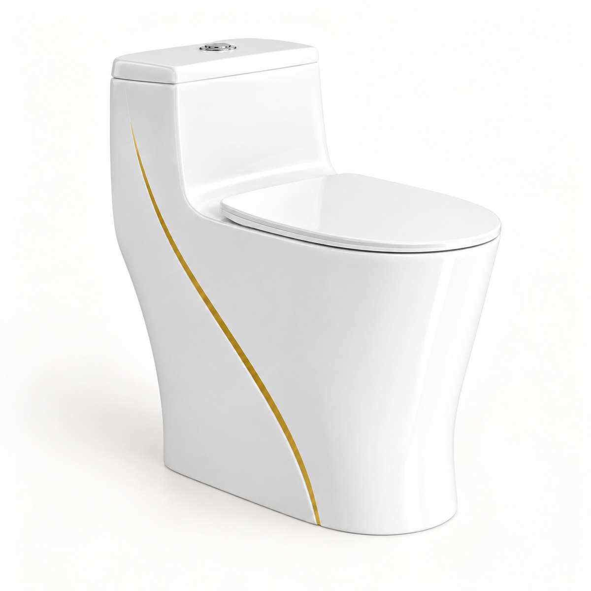 Sanitario de una pieza blanco con tapa y asiento blancos, línea dorada en el cuerpo, sobre fondo blanco.