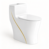 Sanitario de una pieza blanco con tapa y asiento blancos, línea dorada en el cuerpo, sobre fondo blanco.