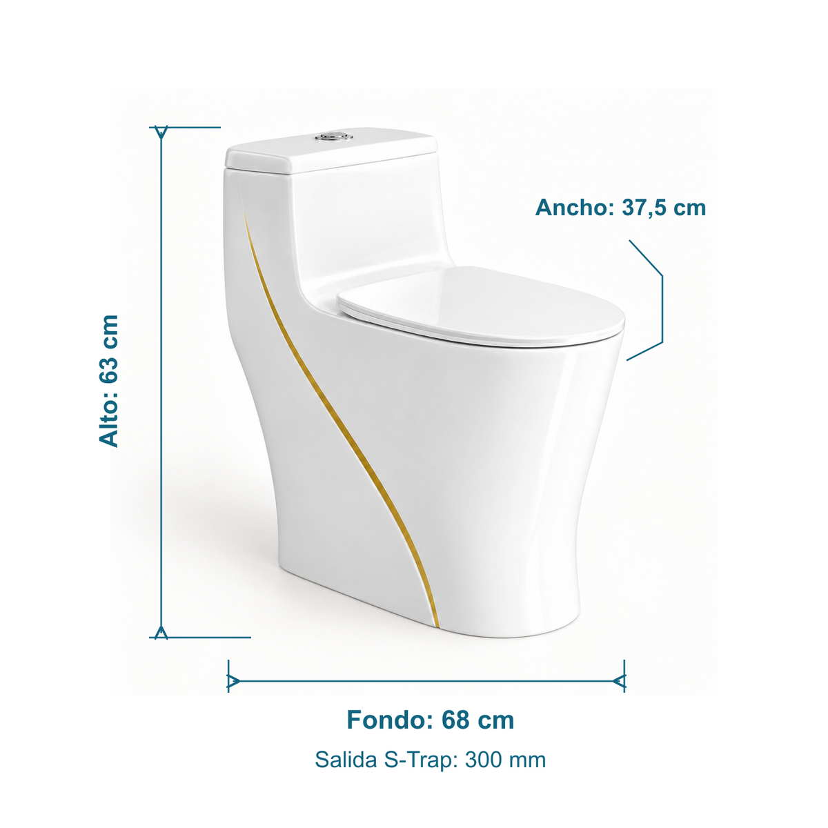 Sanitario con tapa blanca: alto 63 cm, ancho 37,5 cm, fondo 68 cm y configuración S-Trap de 300 mm.