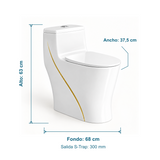 Sanitario con tapa blanca: alto 63 cm, ancho 37,5 cm, fondo 68 cm y configuración S-Trap de 300 mm.
