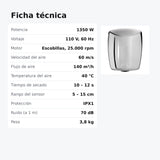 Ficha técnica del secador de manos Tornado mediano de 1350 W