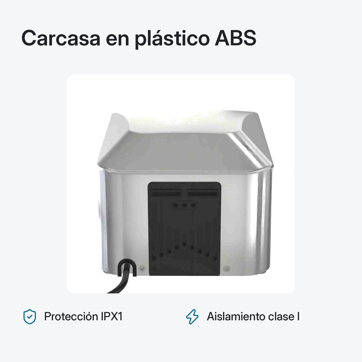 Parte trasera del secador de manos, carcasa en plástico ABS con protección IPX1 y aislamiento clase I
