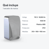 Qué incluye: 1 secador de manos. Ficha técnica: 110 V 50/60 Hz, 1000 W, plástico ABS, IPX1, 310 × 190 × 160 mm