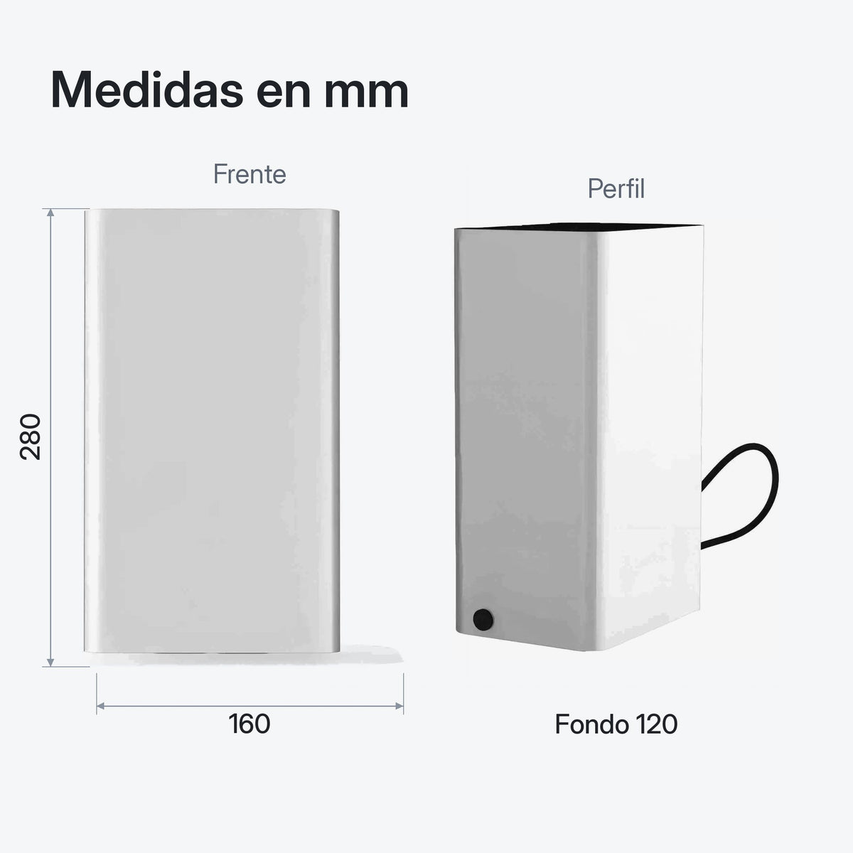 Medidas del secador de manos en aluminio: 280 mm de alto, 160 mm de ancho y 120 mm de fondo
