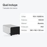 Qué incluye: 1 secador de manos en aluminio plateado con panel negro, 110 V, 1000 W, IPX1, 280 × 160 × 120 mm