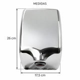 Medidas del secador automático cromado: alto de 26 cm y ancho de 17,5 cm