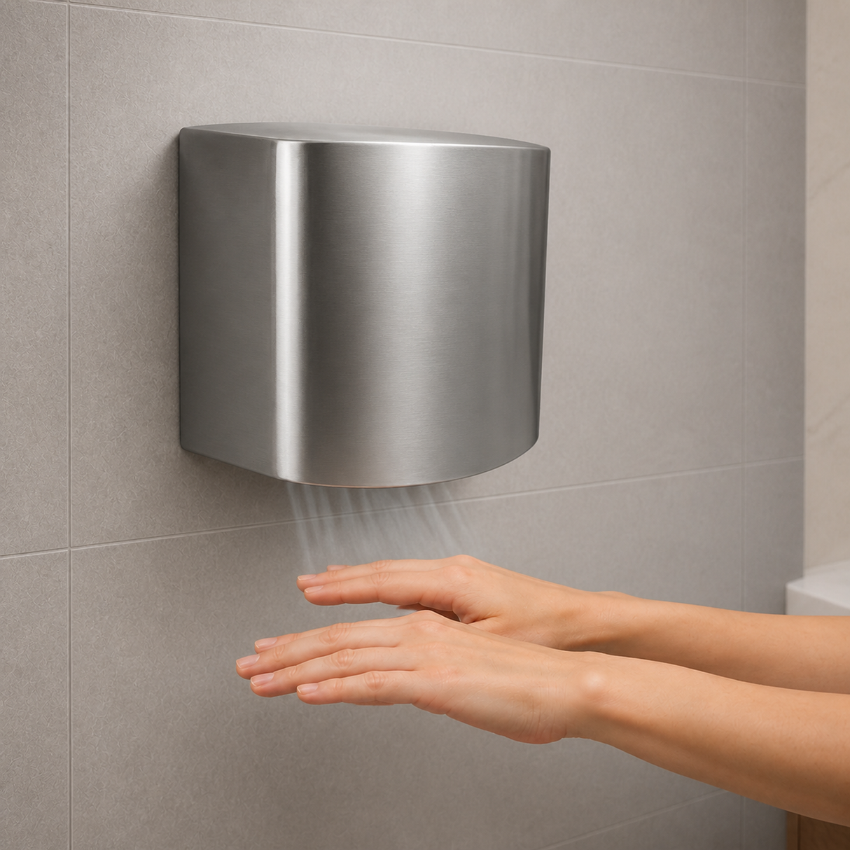Secador de manos instalado en muro con manos directamente bajo el sensor y flujo de aire hacia abajo