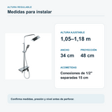 Dimensiones del set de ducha: altura ajustable de 1,05 a 1,18 m, ancho de 34 cm y proyección de 48 cm