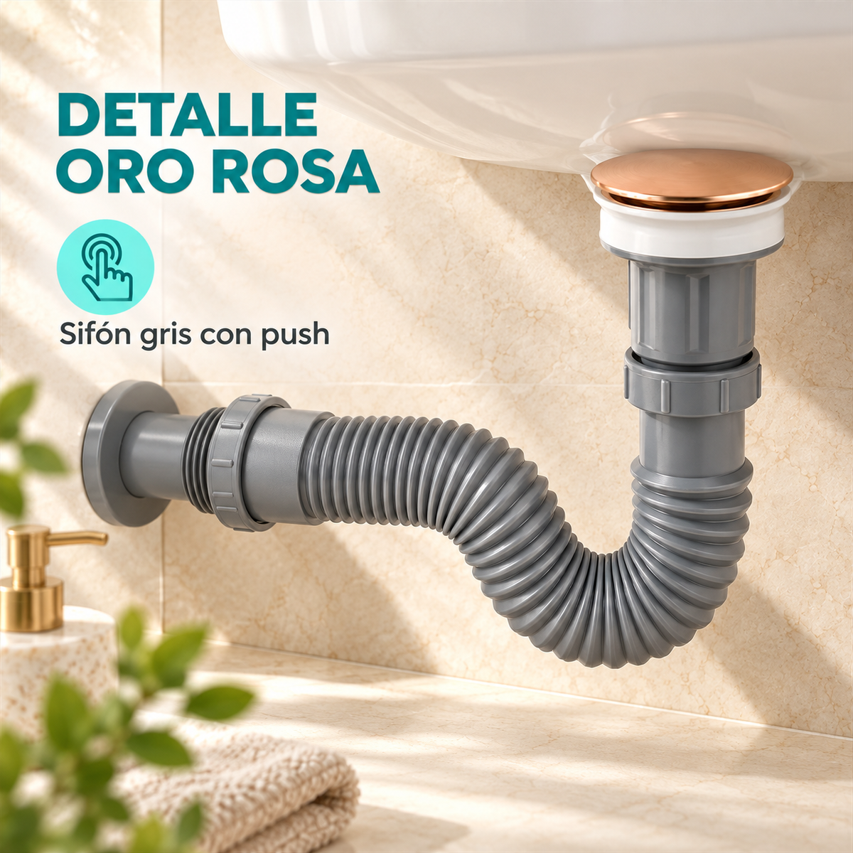 Sifón Integrado Gris Con Push Oro Rosa - vista 3