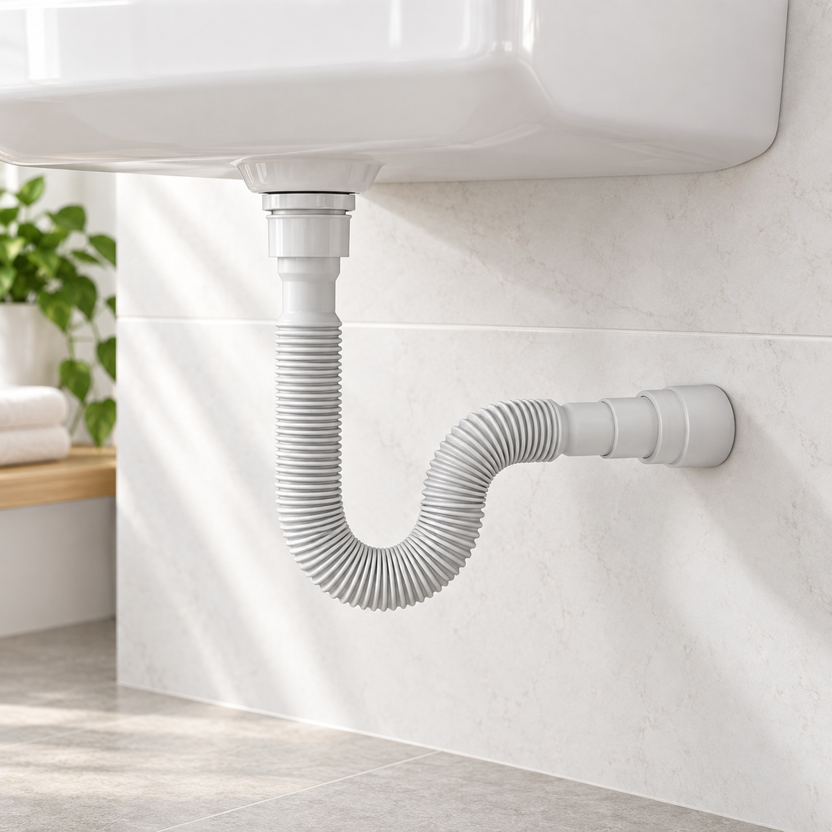 Sifón corrugado blanco ajustable instalado bajo lavamanos con recorrido flexible hacia el desagüe
