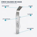 Cinco salidas de agua señaladas correctamente en torre de ducha cromada