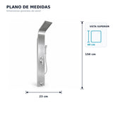 Plano de medidas de torre de ducha: alto 150 cm, ancho 23 cm y proyección 49 cm