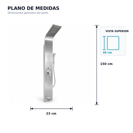 Plano de medidas de torre de ducha: alto 150 cm, ancho 23 cm y proyección 49 cm