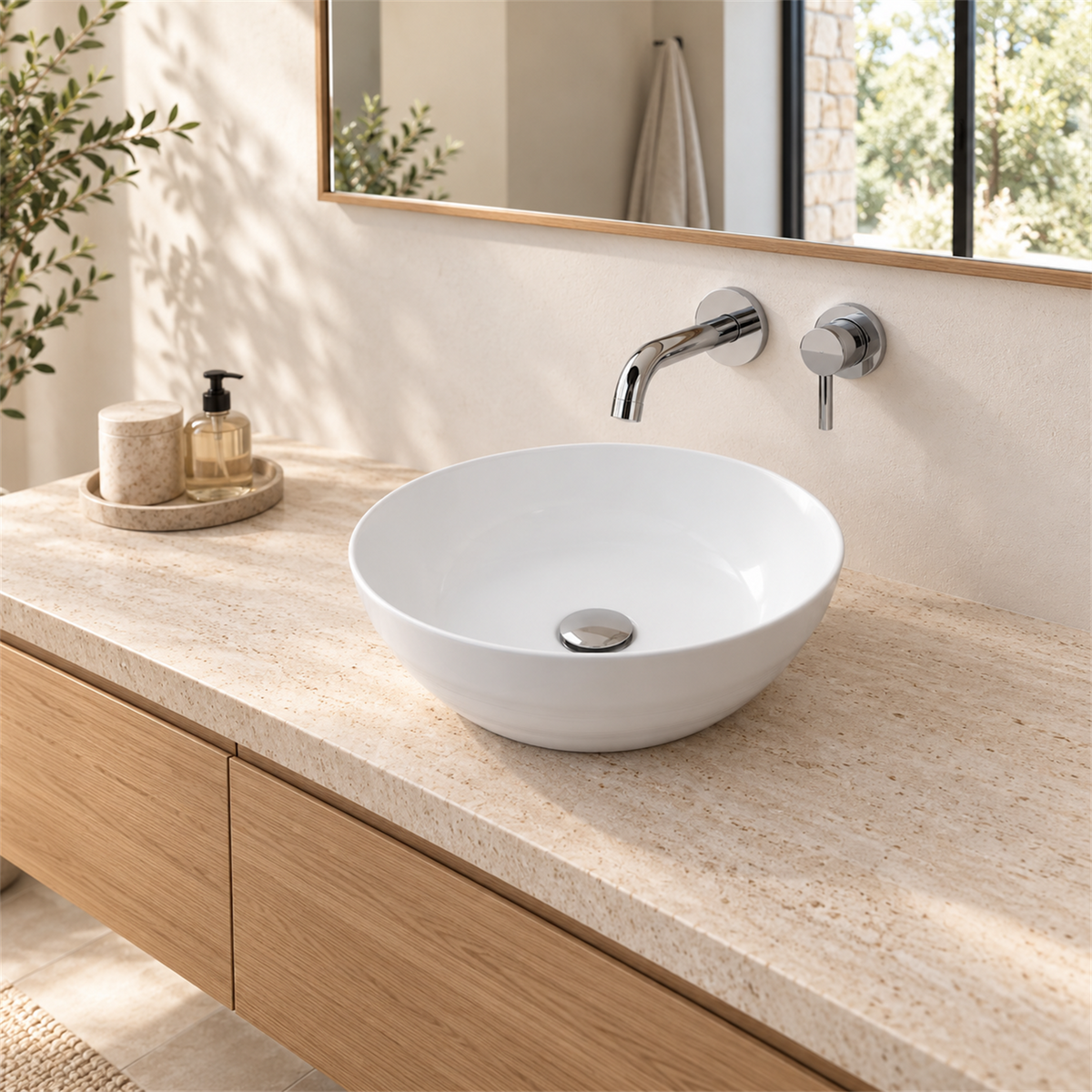 Lavamanos Ranuratto Blanco Esmaltado 36 cm: ambientación amplia. Grifería, desagüe y mueble no incluidos.
