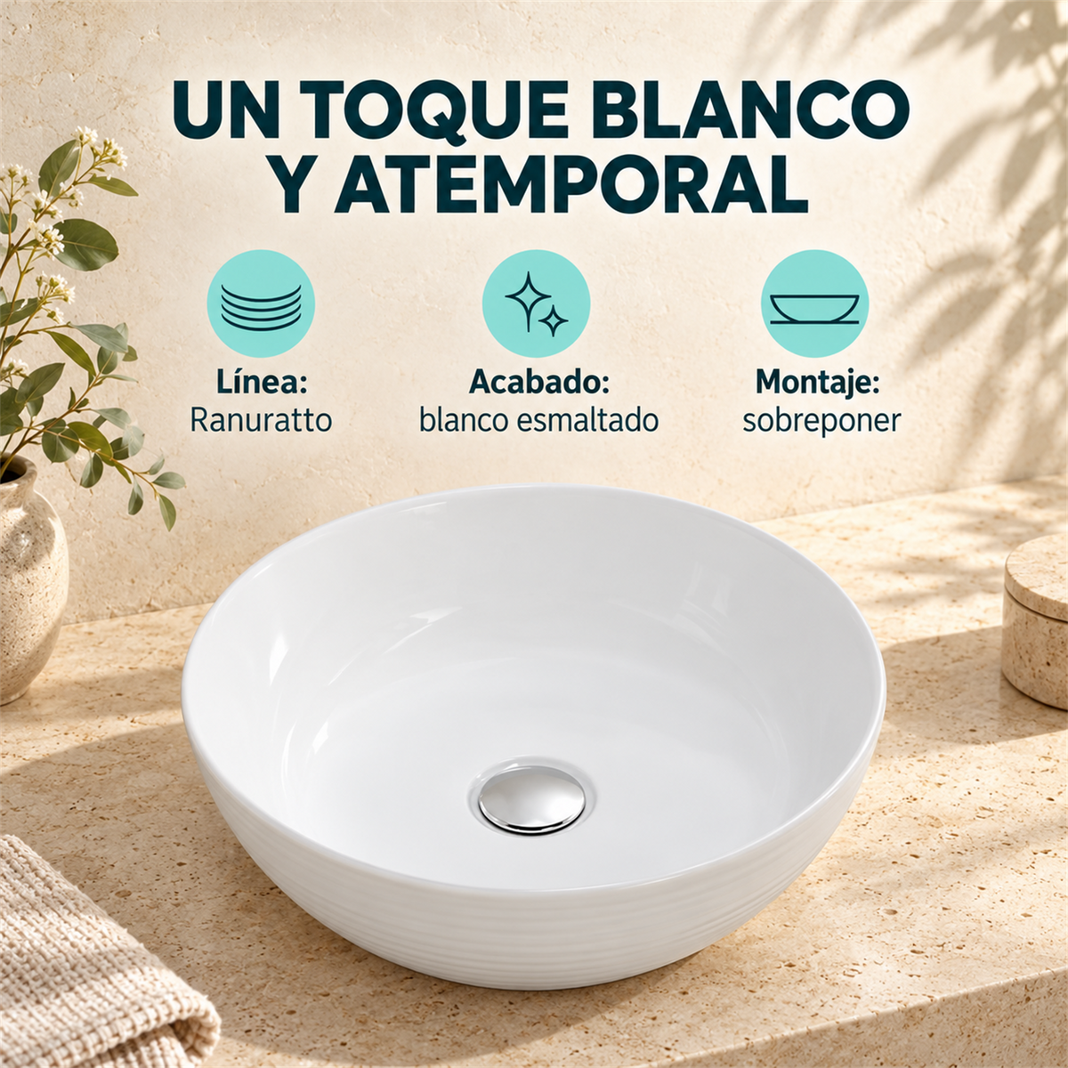 Lavamanos Ranuratto Blanco Esmaltado 36 cm: ficha de diseño, acabado y montaje.