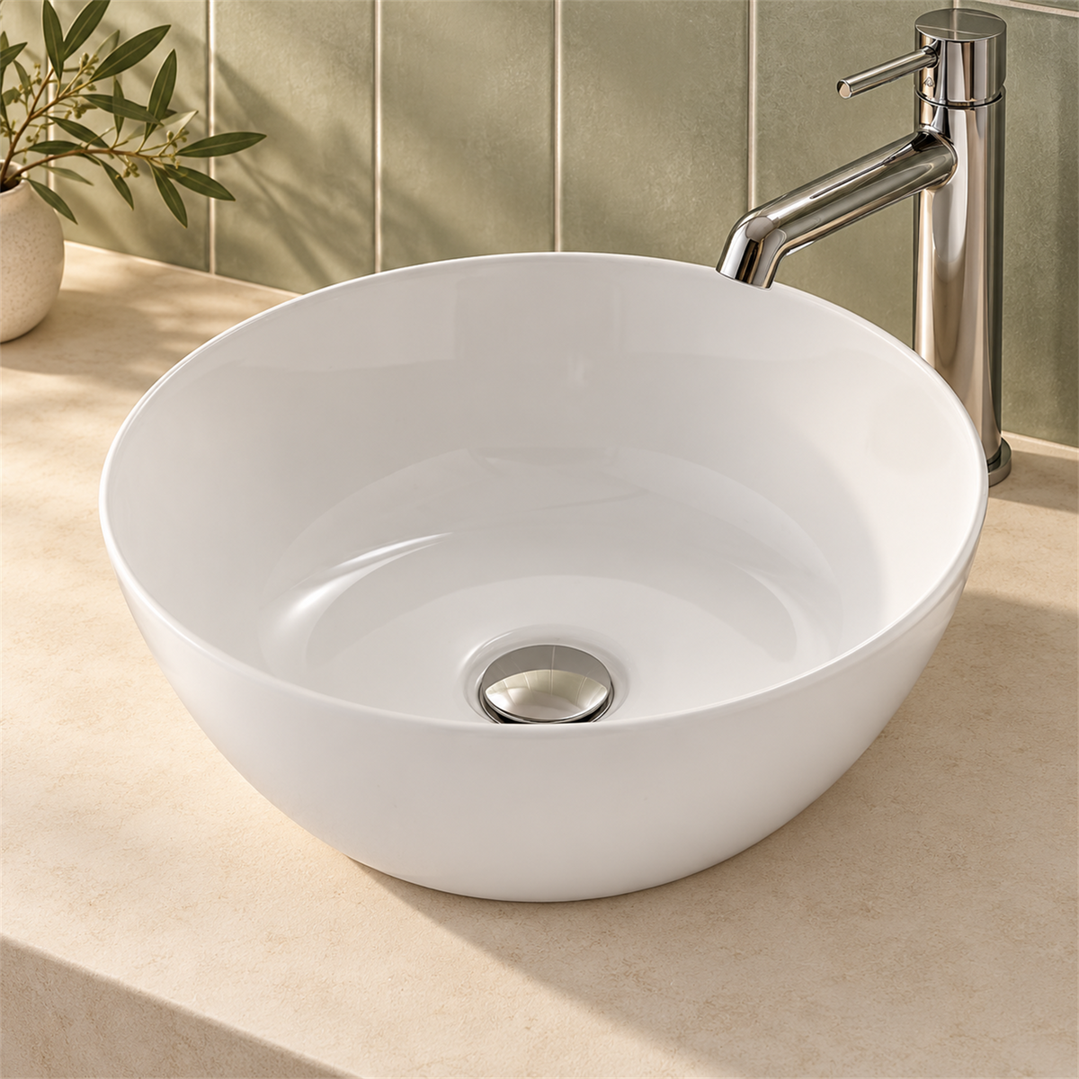 Lavamanos Pozzo Blanco Esmaltado 36 cm: ambientación cercana. Accesorios de ambientación no incluidos.