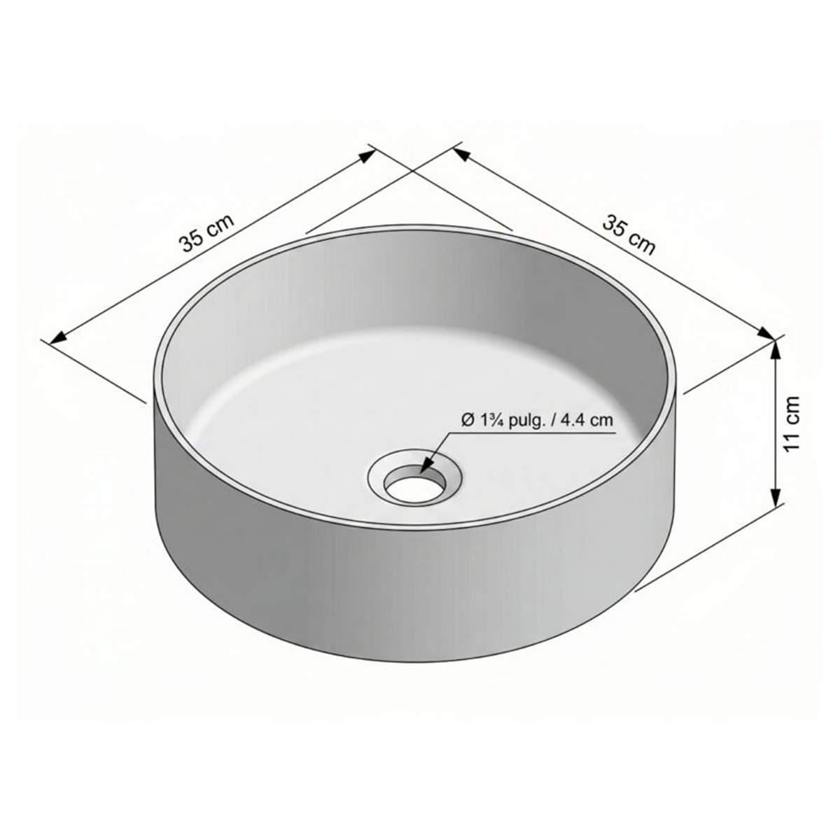 Croquis de dimensiones Diámetro de 35 cm; altura de 11 cm del lavamanos Marui