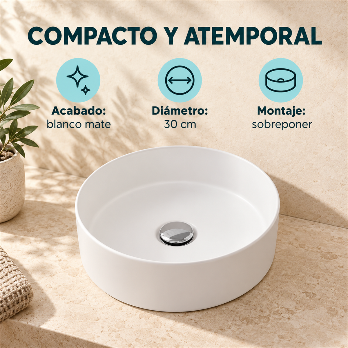 Lavamanos Marui Blanco Mate 30 cm: ficha de características. Accesorios de ambientación no incluidos.