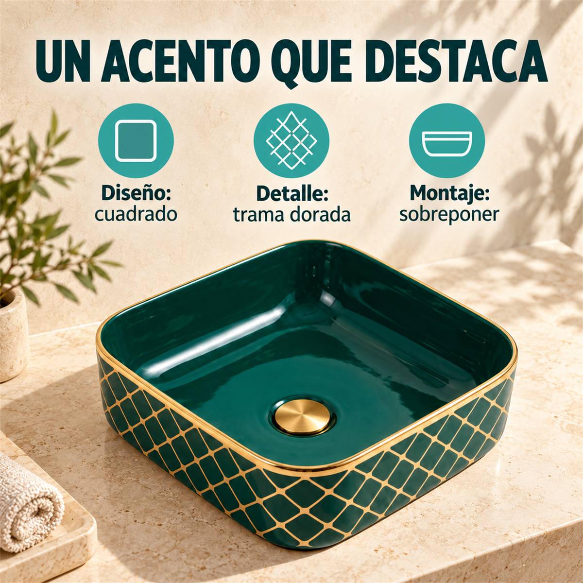 Lavamanos Orión Verde Con Detalles Dorados: ficha de características. Accesorios de ambientación no incluidos.