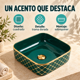 Lavamanos Orión Verde Con Detalles Dorados: ficha de características. Accesorios de ambientación no incluidos.