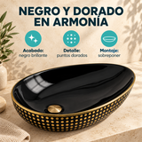 Lavamanos Oztra Negro Y Dorado Brillante: ficha de características. Accesorios de ambientación no incluidos.