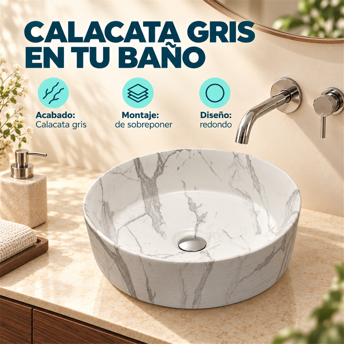 Características del Gemini: Acabado: Calacata gris; Montaje: de sobreponer; Diseño: redondo. Accesorios de ambientación no incluidos.